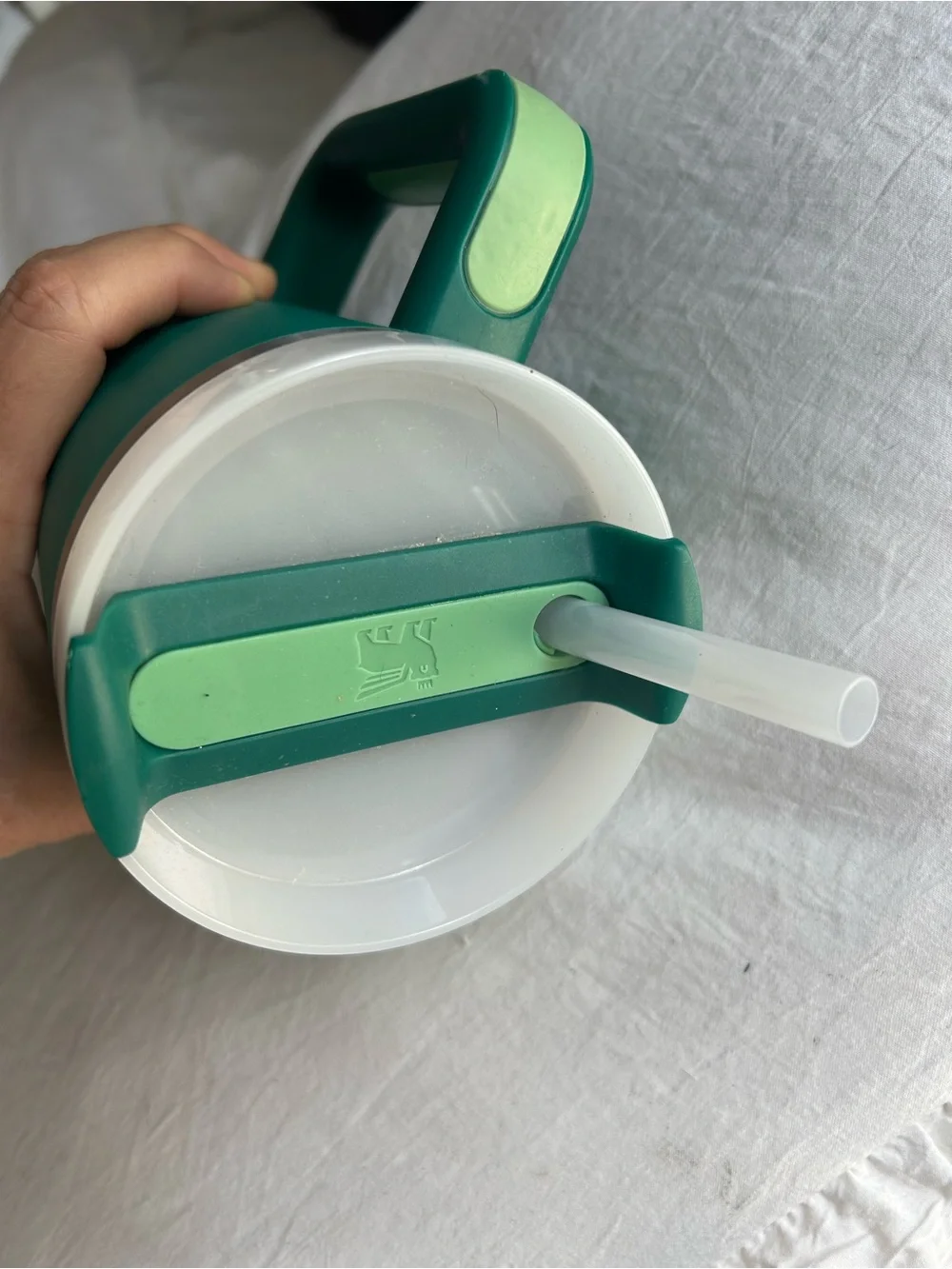 Stanley 40oz Green Insulated Travel Mug with Handle and Straw.